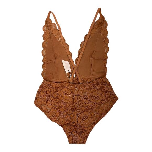 We are HAH Free People NWT Comin' In HAHt Bodysuit Lace Coquette Brown Sugar XS - Picture 2 of 5